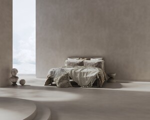 3d render illustration mockup. Bej bedroom with sculptures and scenic lightning, for art product display