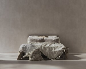 3d render illustration mockup. Empty bej bedroom with scenic lightning,  for art product display