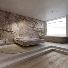 3d render illustration mockup. Bej bedroom with rock behind for art product display, lamp and sea view