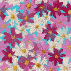 Seamless pattern of chamomile flowers, cosmos. Design for fabric, clothes, paper.