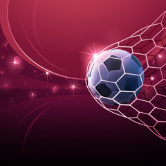 Realistic soccer ball hitting the net. Football championship in the arena. Vector illustration