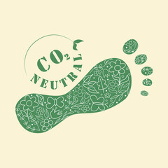 Carbon footprint lable. Eco fiendly flat vector llustration. CO2 neutral green footprint with flowers and leves . Zero or free carbon emissions