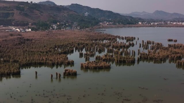 Aerial Flying Over Wetlands At Kallar Kahar Lake In Chakwal District. Slow Dolly Forward