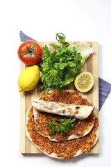 Turkish pizza made with minced meat.Also known as Lahmacun.