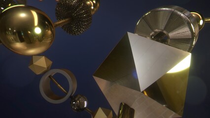 Animazione 3D con anelli con sfere e cubetti legati da un filo materiali in oro ed argento