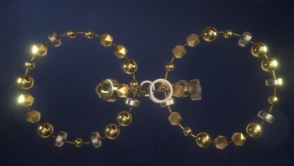 Anelli con sfere e cubetti legati da un filo materiali in oro ed argento