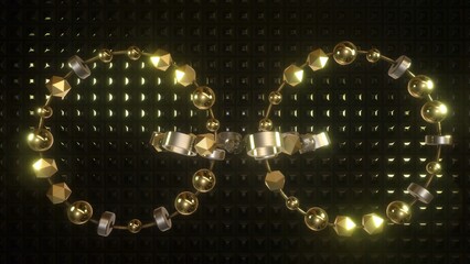 Anelli con sfere e cubetti legati da un filo materiali in oro ed argento © albasu