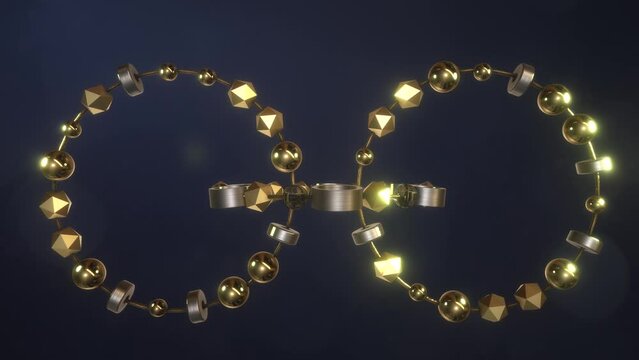 Animazione 3D con anelli con sfere e cubetti legati da un filo materiali in oro ed argento