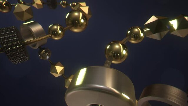 Animazione 3D con anelli con sfere e cubetti legati da un filo materiali in oro ed argento