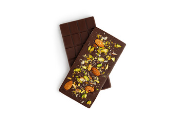 Homemade Chocolate bar with nuts, almond and pistachios isolated on a white