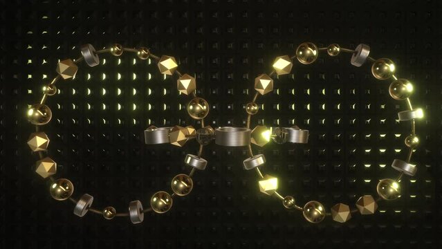 Animazione 3D con anelli con sfere e cubetti legati da un filo materiali in oro ed argento