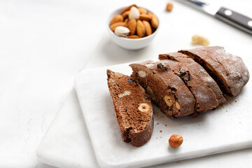 Italian chocolated  cantucci with almond and hazelnuts. Biscotti cookies with nuts. Homemade...
