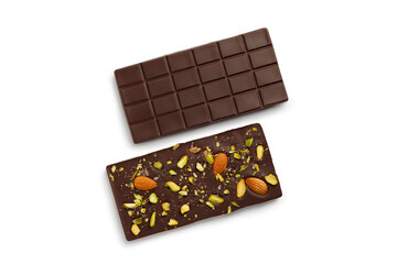 Chocolate bar with almond and pistachios isolated on a white. Two chocolate bars top view.