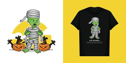 Illustration Vector Graphic of Cute Scary Mummy in the Halloween Day with T-Shirt Mockup Design