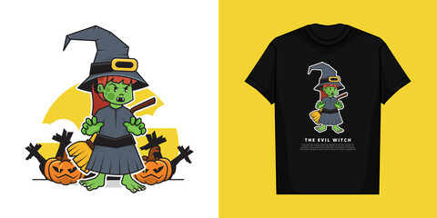 Illustration Vector Graphic of The Evil Witch Character in the Halloween Day with T-Shirt Mockup Design
