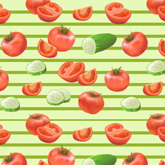 The pattern is seamless. Ripe tomatoes and cucumbers and slices of tomatoes and cucumbers on a light green background with a green stripe in the vector. Vegetables and vitamins. Healthy eating. Label.