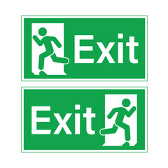 Fire exit green evacuation signs with human and door