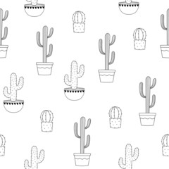 Seamless pattern of cactus in flowerpot. Line art black houseplants on white background