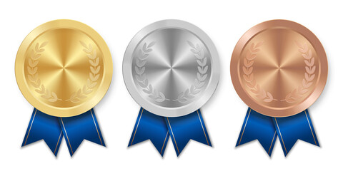 Golden silver and bronze award sport medal with blue ribbons - obrazy, fototapety, plakaty