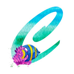 Alphabet with blue watercolor fill and with cute sea animals with corals .The set is suitable for greeting cards, invitations, for design works,crafts and hobbies.