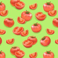 The pattern is seamless. Ripe bright orange tomatoes and tomato slices on a green background in vector. Realism in the vector. Easy realism in the vector. Vegetables and healthy food.