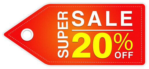Offer tag. 20 percent off. Discount for big sale. Red and orange label.