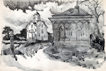 Ink and pen hand drawn architecture sketch toned by watercolor paintings. Church in ancient monastery in Pskov, Russia - obrazy, fototapety, plakaty