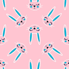 Seamless pattern with cute baby rabbit faces on a pink background. Rabbit ears. Easter. Hand-drawn design for fabric, backgrounds, wrapping paper. Doodle, cartoon style.