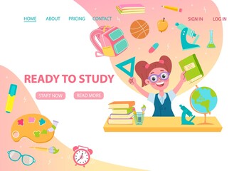 Ready to study concept. School girl and objects.. Landing page or banner template. Vector illustration in flat style