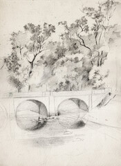 Vintage pencil sketch drawing on aged paper. A picturesque pond, a stone bridge with round arches in an a park in the Polish city of Bialystok