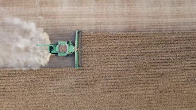 Summer Harvest with a John Deere Combine a Wheat Field - Aerial Drone
