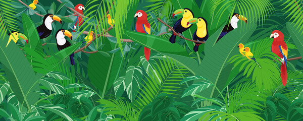 トロピカルな鳥と植物_ジャングルの風景イラスト_横スクロールゲームの背景_シームレス © ふわぷか