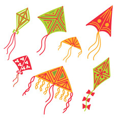 Set of bright flying kites on a white background.