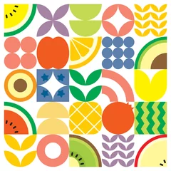 Fotobehang Geometric summer fresh fruit cut artwork poster with colorful simple shapes. Scandinavian styled flat abstract vector pattern design. Minimalist illustration of fruits and leaves on white background. © Adpragus