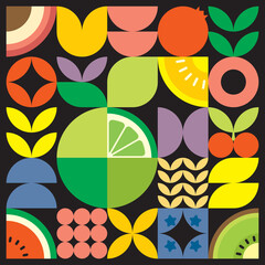 Geometric summer fresh fruit cut artwork poster with colorful simple shapes. Flat abstract vector pattern design in Scandinavian style. Minimalist illustration of a green citrus on black background.