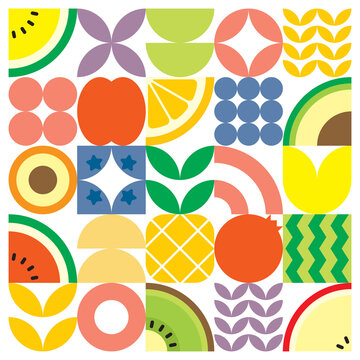 Geometric summer fresh fruit cut artwork poster with colorful simple shapes. Scandinavian styled flat abstract vector pattern design. Minimalist illustration of fruits and leaves on white background.