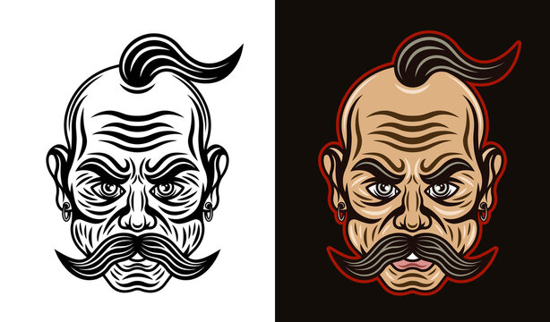 Ukrainian cossack with mustache vector illustration in two styles black on white and colorful on dark background