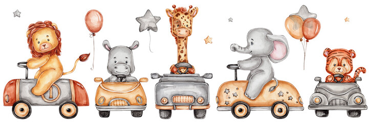 Set of jungle animals in cars and balloons  watercolor hand drawn illustration  with white isolated background