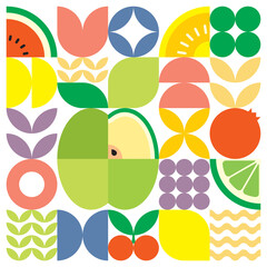 Geometric summer fresh fruit cut artwork poster with colorful simple shapes. Scandinavian style flat abstract vector pattern design. Minimalist illustration of a green apple on a white background.