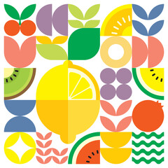 Geometric summer fresh fruit cut artwork poster with colorful simple shapes. Scandinavian style flat abstract vector pattern design. Minimalist illustration of a yellow lemon on a white background.