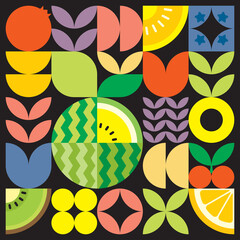 Geometric summer fresh fruit artwork poster with colorful simple shapes. Scandinavian style flat abstract vector pattern design. Minimalist illustration of a yellow watermelon on a black background. © Adpragus
