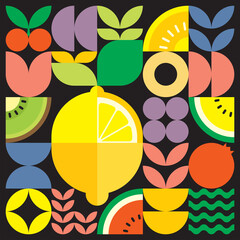 Geometric summer fresh fruit cut artwork poster with colorful simple shapes. Scandinavian style flat abstract vector pattern design. Minimalist illustration of a yellow lemon on a black background.