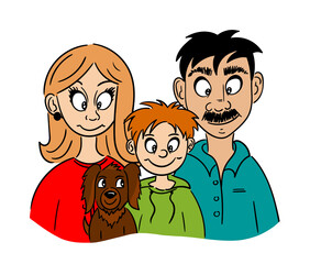 Family together. Mom Dad, baby and dog. Cartoon style