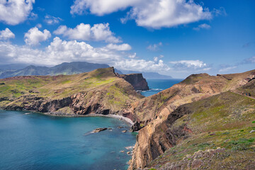 Fototapeta premium Ponta de Sao Lourenco, Madeira,Portugal. Beautiful scenic mountain view of green landscape,cliffs and Atlantic Ocean.