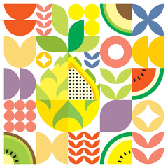 Geometric summer fresh fruit artwork poster with colorful simple shapes. Scandinavian style flat abstract vector pattern design. Minimalist illustration of a yellow dragon fruit on a white background.