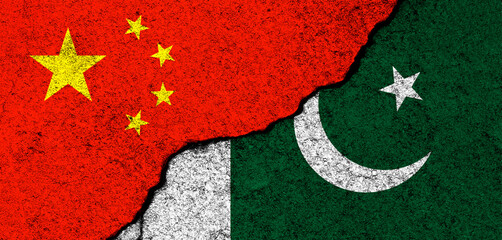 China and Pakistan. Flags background. Concept of politics, economy, culture and conflicts, war. Friendships and cooperation. Painted on concrete walls banner photo