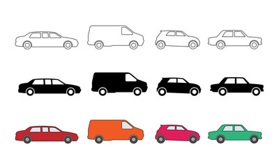 Naklejka premium Side view car icon collection on outline style. Various silhouette car symbol. Suitable for design element of transportation infographic and automotive traffic banner.