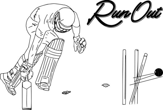Outline sketch drawing of Run Out Scene of cricket batsman, Line art Illustration of cricket batsman doing running, Cricket Vector silhouette