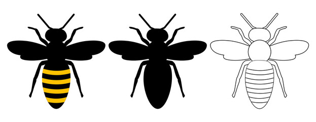Bees silhouette and coloring vector illustration