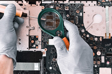 repair of printed multilayer circuit board (PCB) close-up, microcircuit elements, repair and...